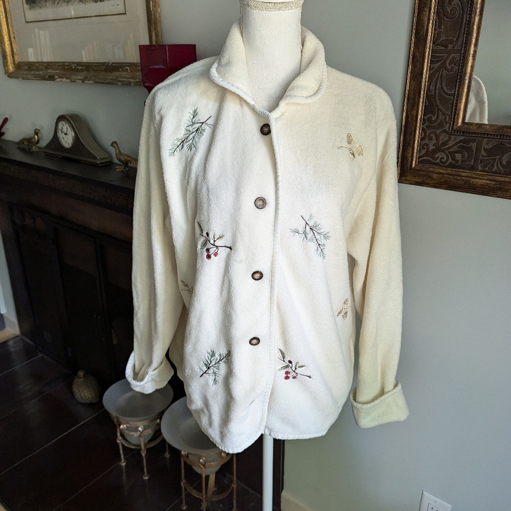 Falls Creek Women's Large Fleece Cardigan Cream Embroidered Pine Berries Acorns